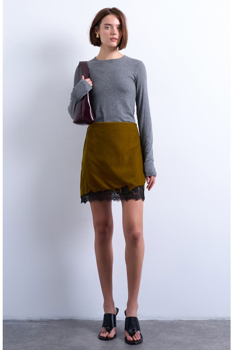 Velvet Lace Trim Miniskirt, Main, color, KHAKI GREEN