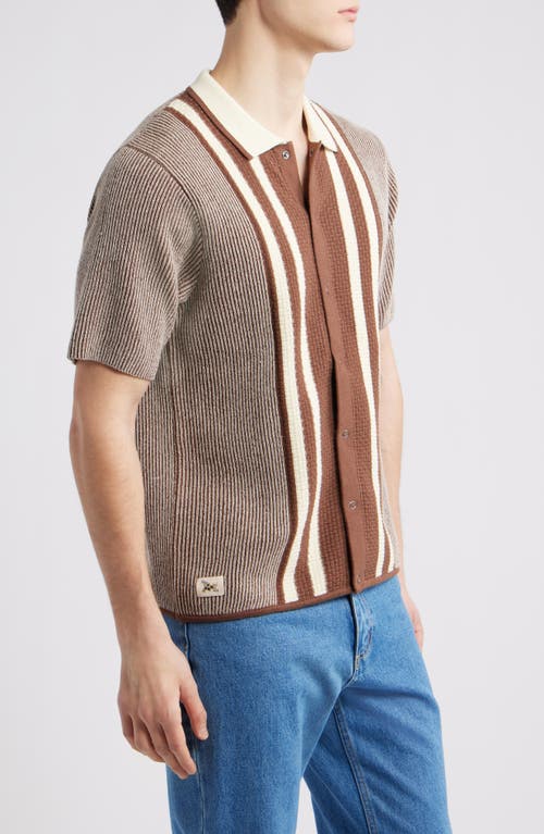 Percival Teramo Knit Short Sleeve Snap Up Shirt In Brown/ecru