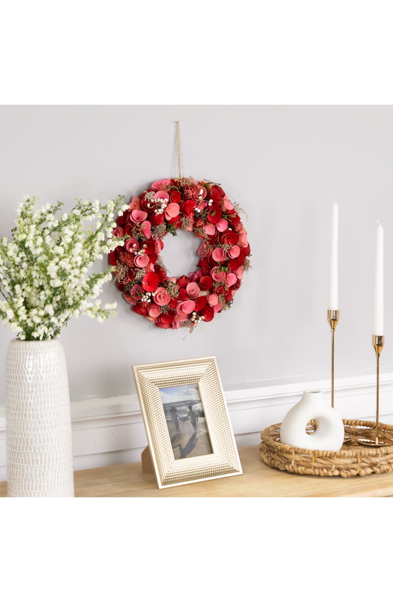 Northlight Artificial Valentine's Day Shaved Wood Roses Wreath - Pink and Red- 12.25" - Pink and Red, Alternate, color, Pink