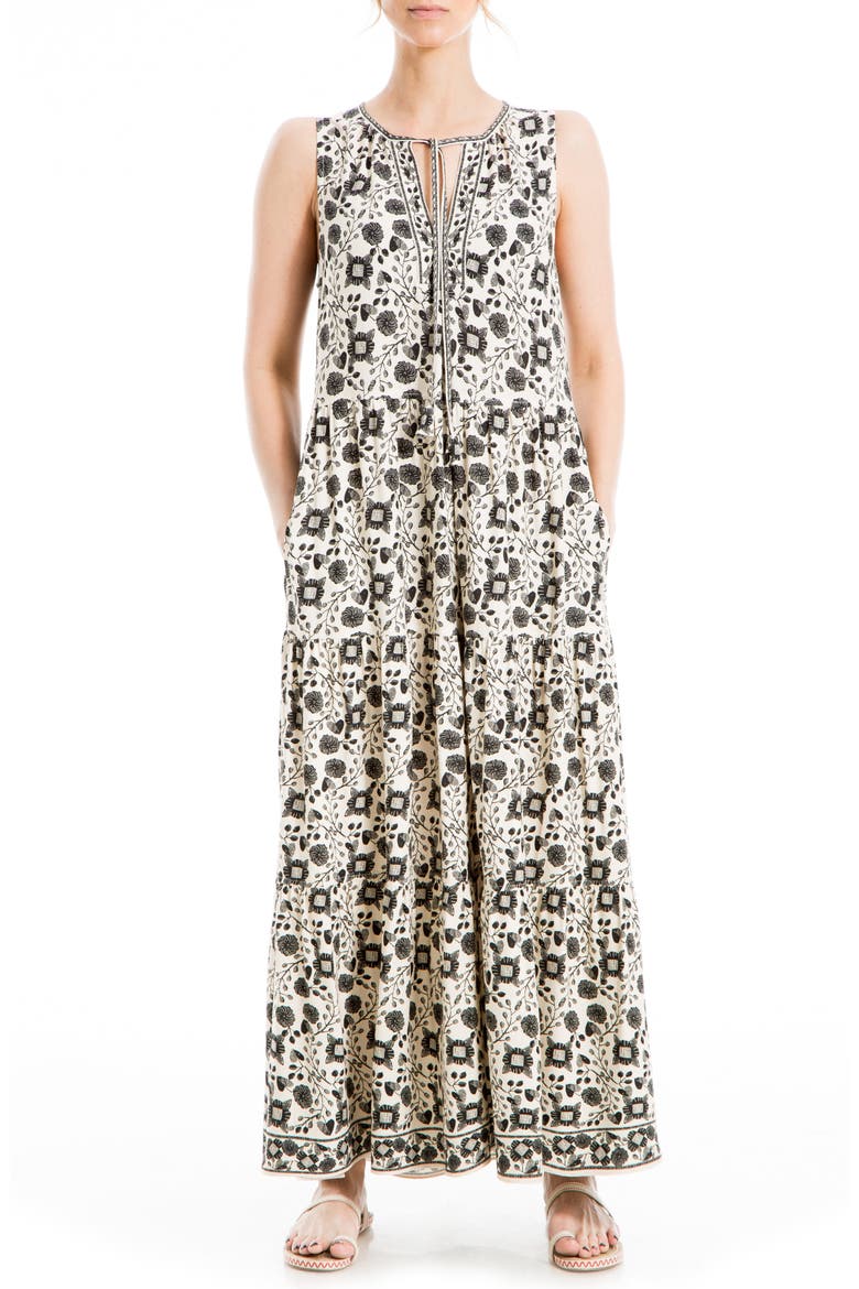 Sleeveless Tiered Maxi Dress, Main, color, CREAM/ BLACK FLORAL HEARTS
