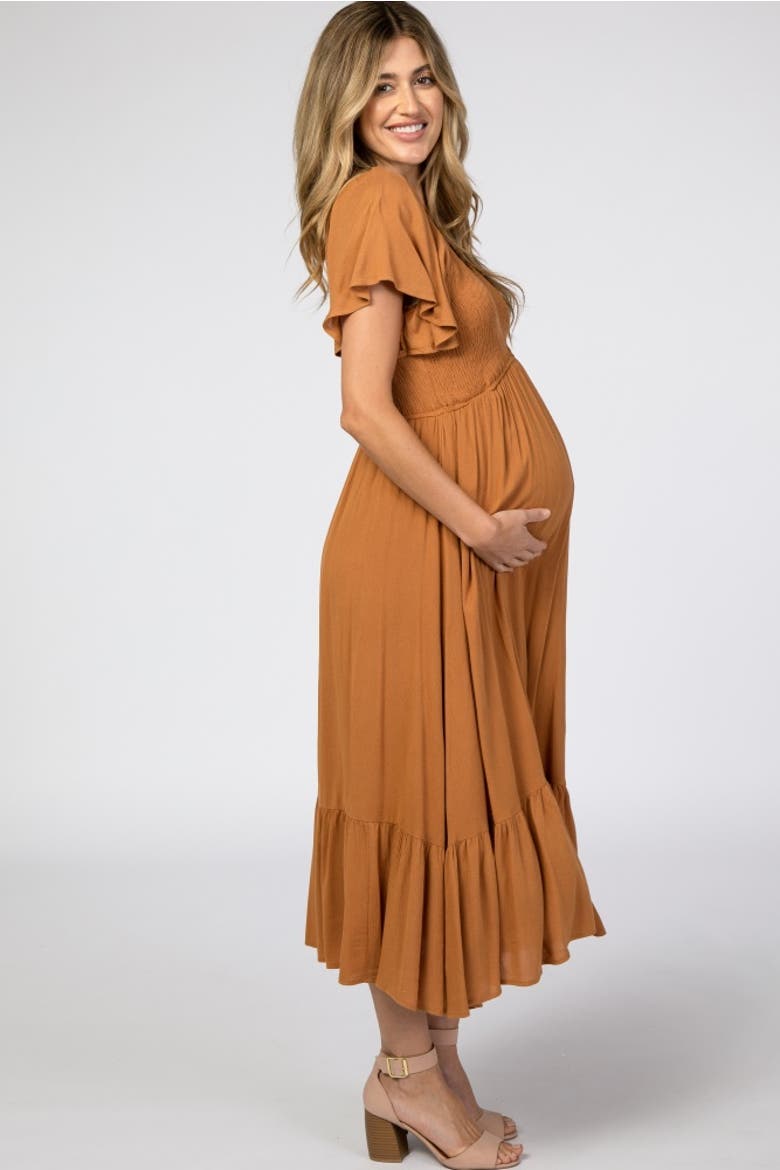 Smocked V-Neck Midi Dress, Alternate, color, Brown