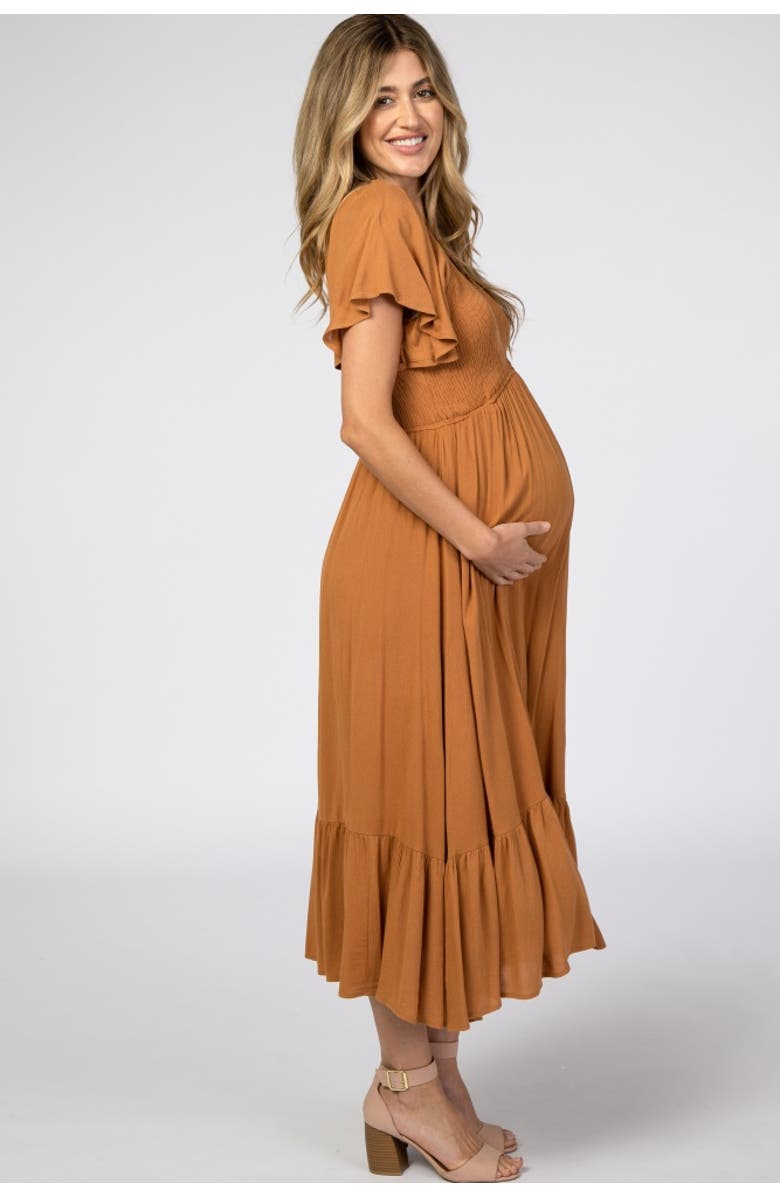 PinkBlush Smocked V-Neck Midi Dress, Alternate, color, Brown