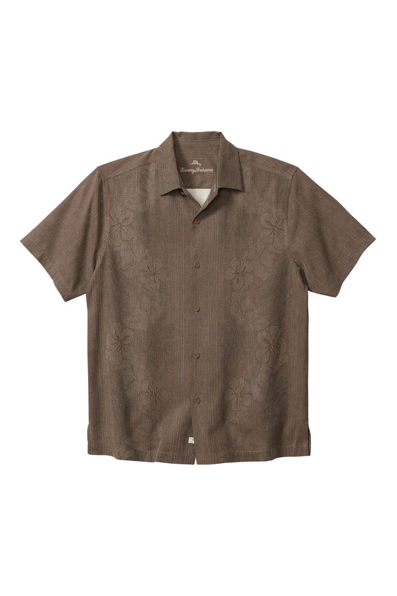 Bali Border Floral Jacquard Short Sleeve Silk Button-Up Shirt, Main, color, AUBERAGE