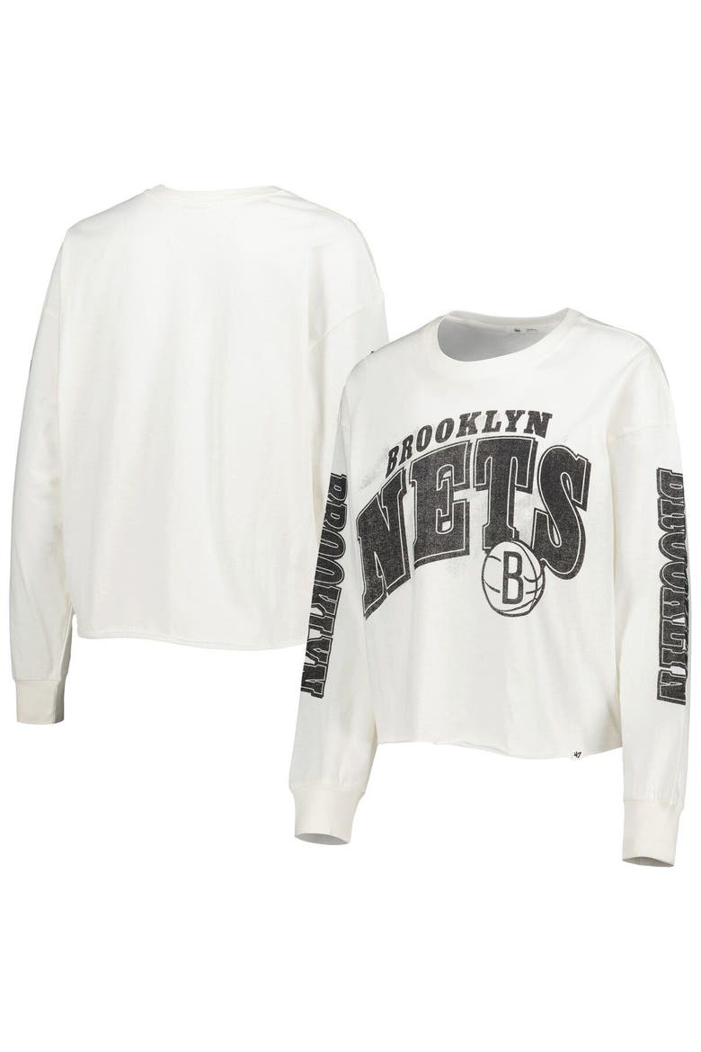 Women's '47 Cream Brooklyn Nets Parkway Brush Back Long Sleeve Cropped T-Shirt, Main, color, Cream