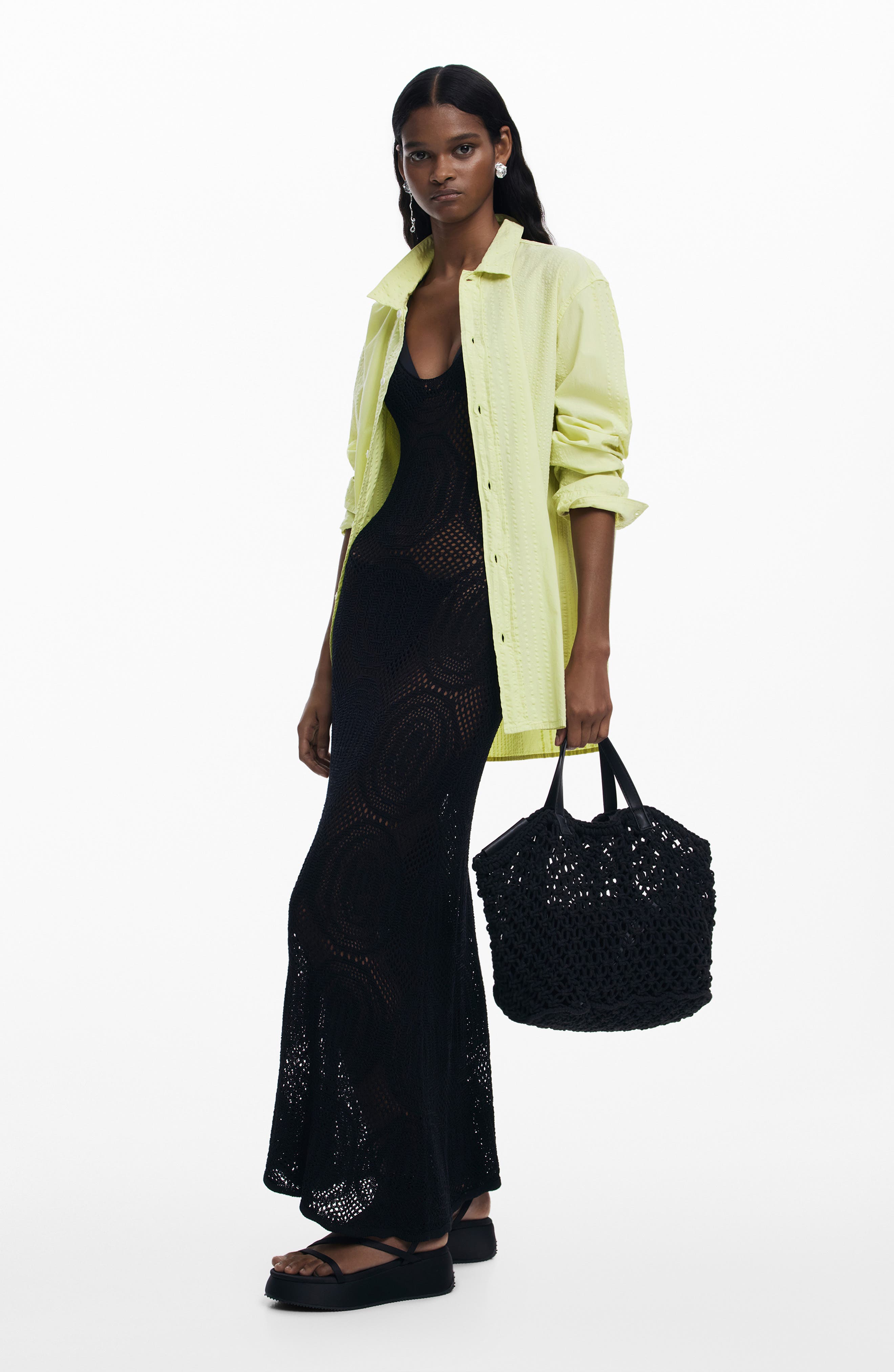 Desigual Open Knit Shopper Bag, Alternate, color, Black