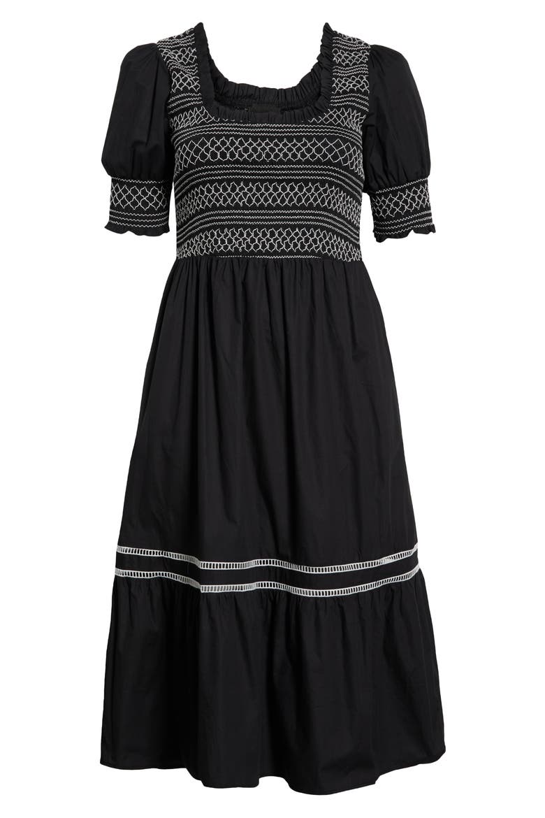 Carlene Smocked Midi Dress, Alternate, color, BLACK