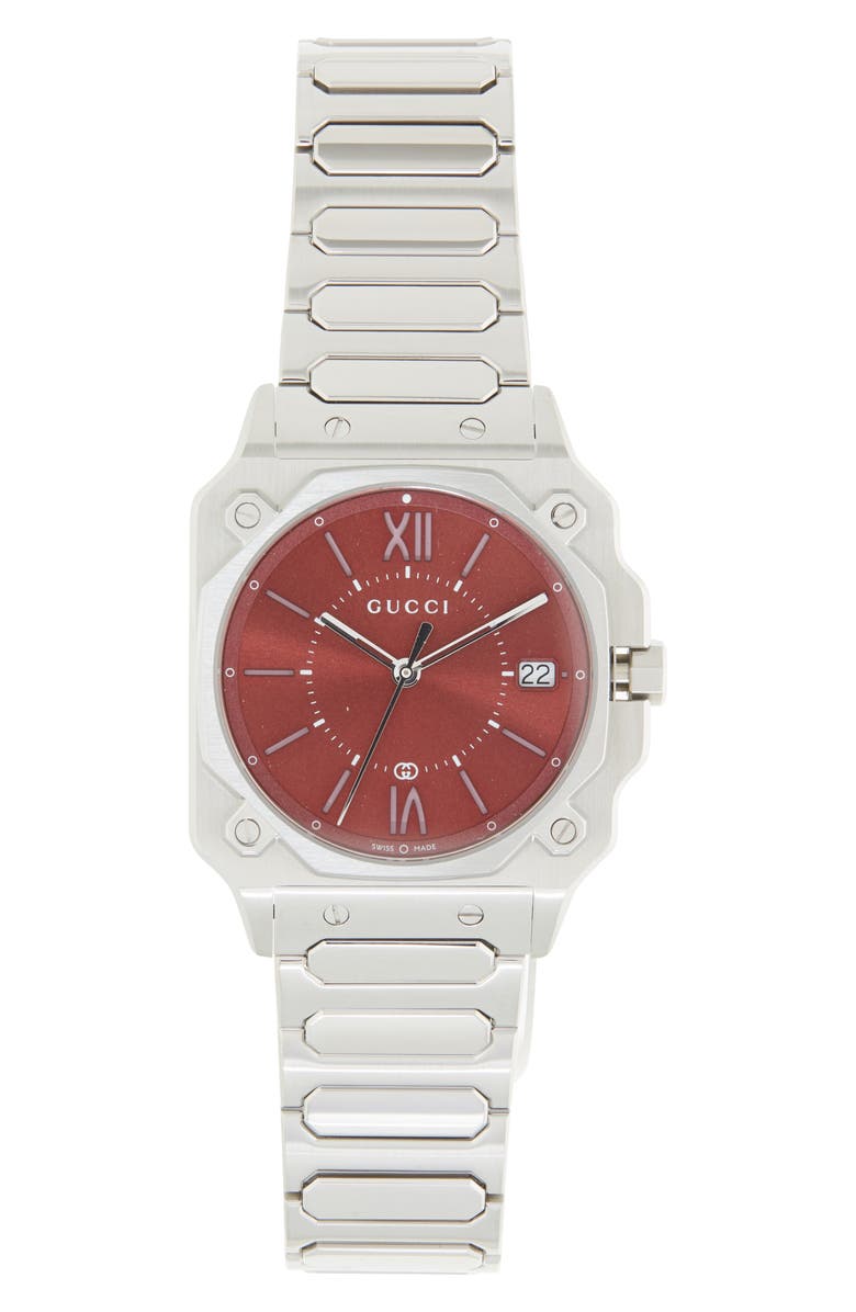 Gucci G-Flat Red Bracelet Watch, 30mm, Main, color, Silver/ Red