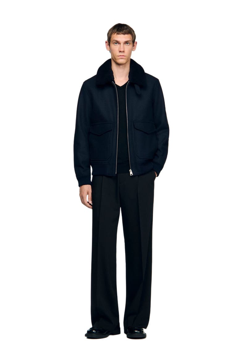 Wool aviator jacket with shearling, Alternate, color, Navy blue