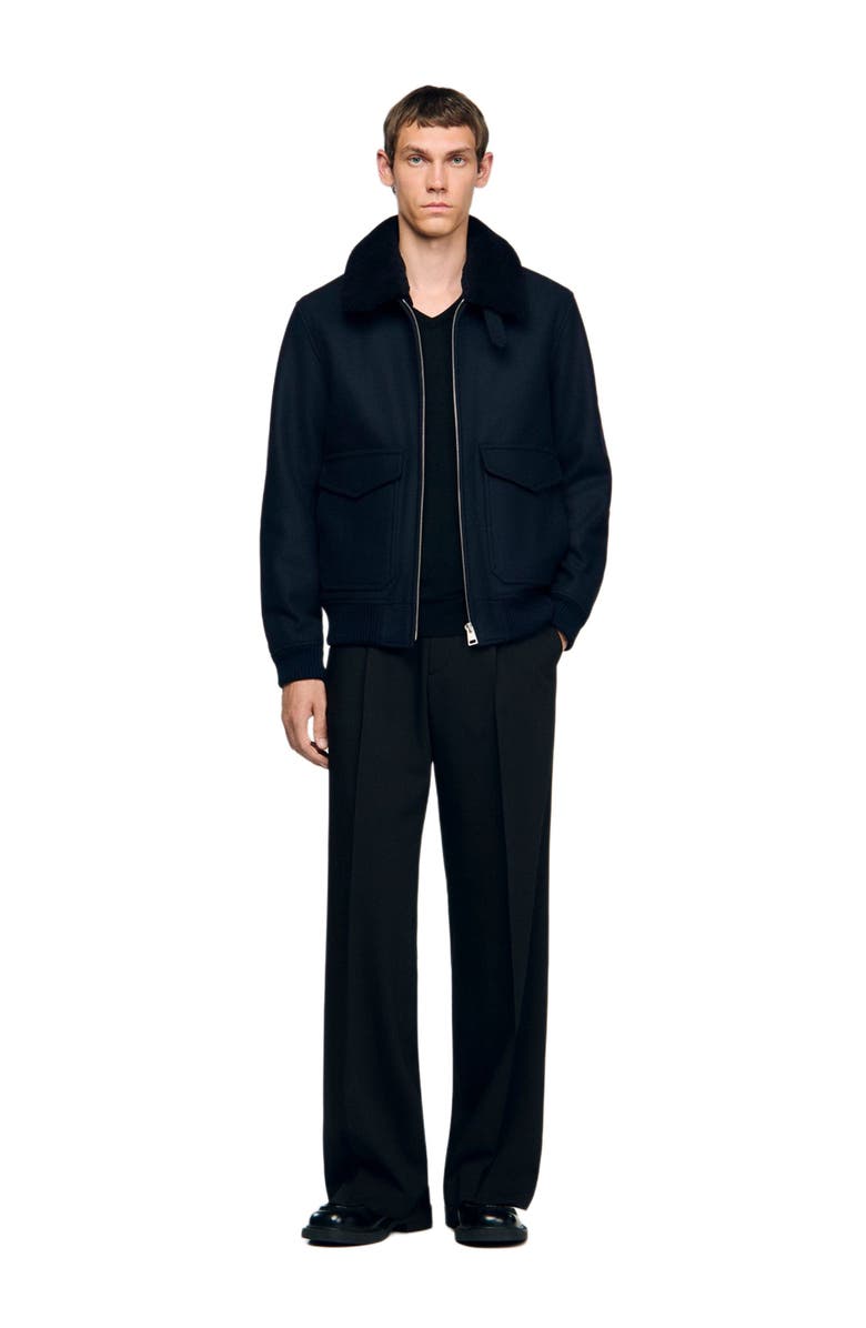 SANDRO Wool aviator jacket with shearling, Alternate, color, Navy Blue