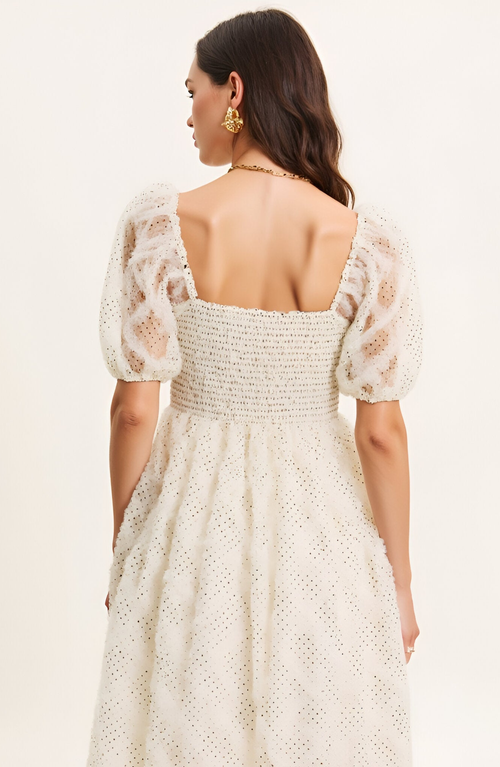 Modenaire Embroidered Puff Sleeve Square-neck Midi Dress In White