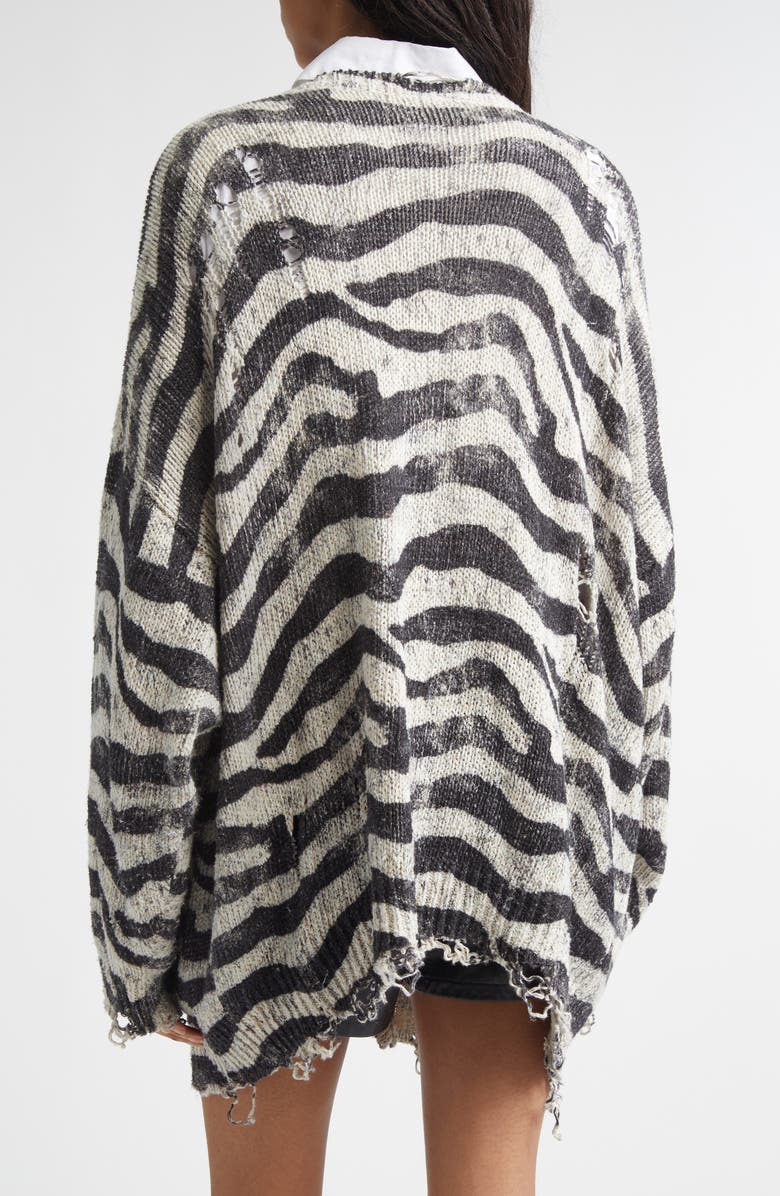 R13 Oversize Distressed Zebra Print Linen Blend Cardigan, Alternate, color, Black And White Zebra