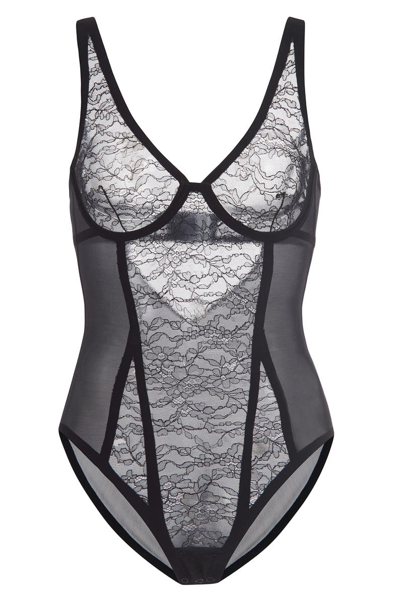Wolford Shaping Mesh & Lace Underwire Bodysuit, Alternate, color,