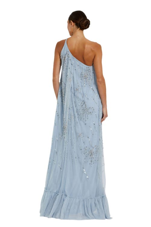 Mac Duggal Bow Embellished Mesh One Shoulder High Low Gown In Powder Blue