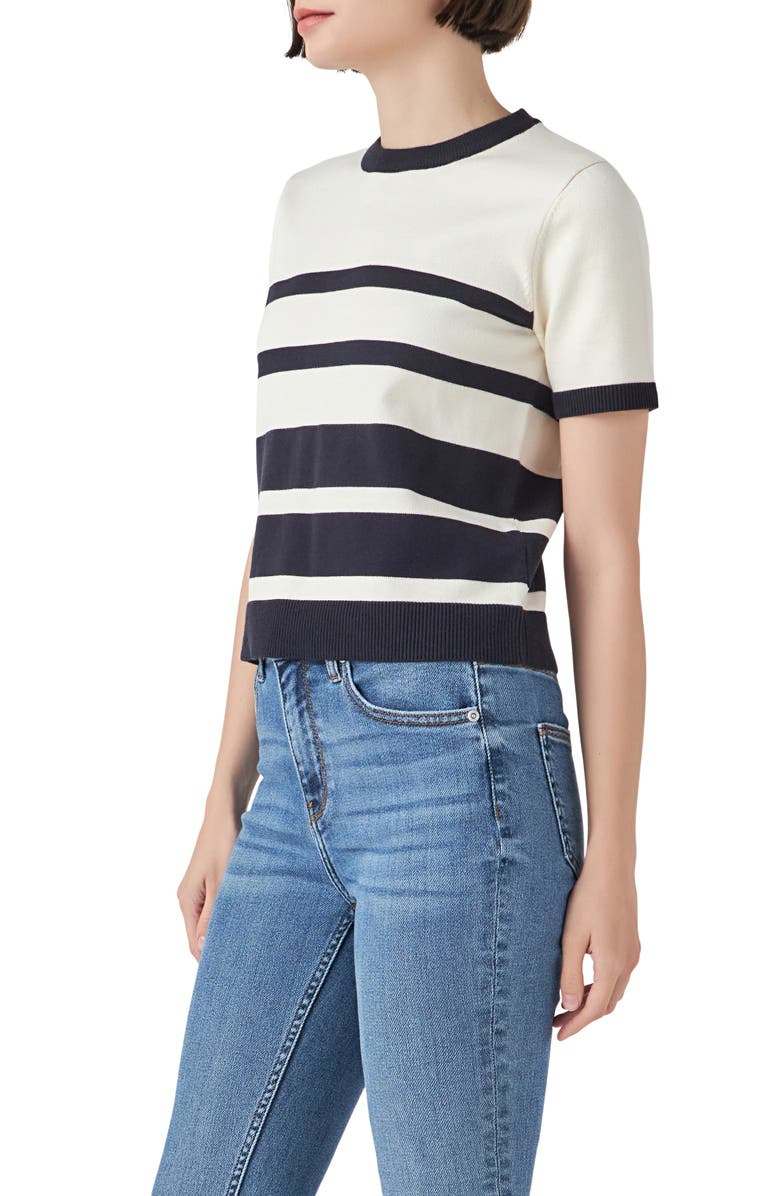 English Factory Stripe Short Sleeve Sweater, Alternate, color, Ivory/ Navy