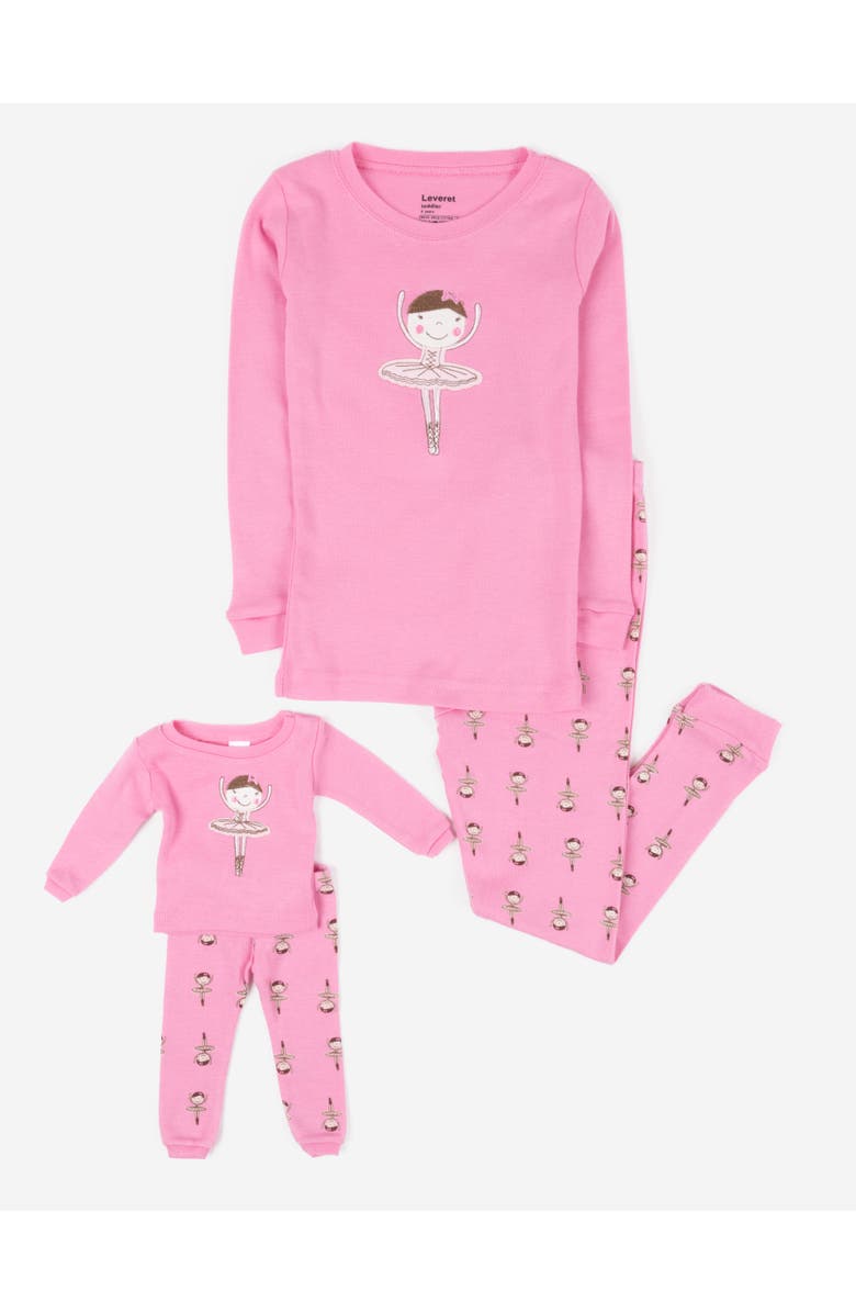 Leveret Girls 2-pc. Cotton Pajamas with Matching Doll Accessory - Unicorn & Fantasy Prints, Main, color, Ballerina Pink