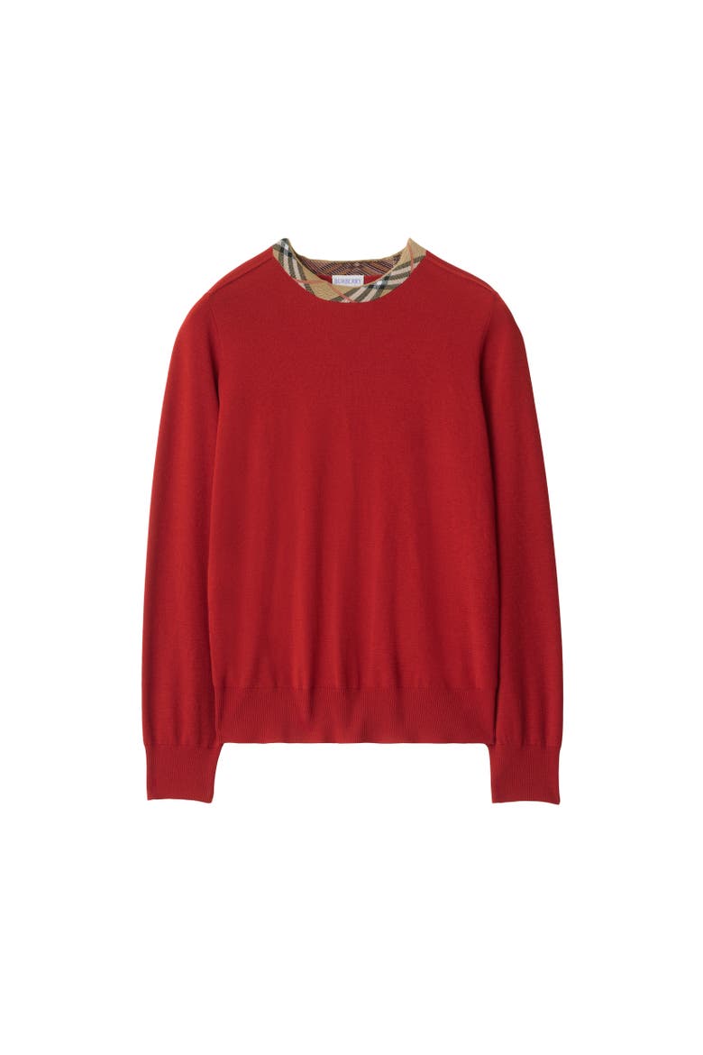 Check Trim Wool Sweater, Alternate, color, Crimson red