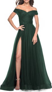 La Femme A-Line Tulle Prom Dress with Off the Shoulder Top