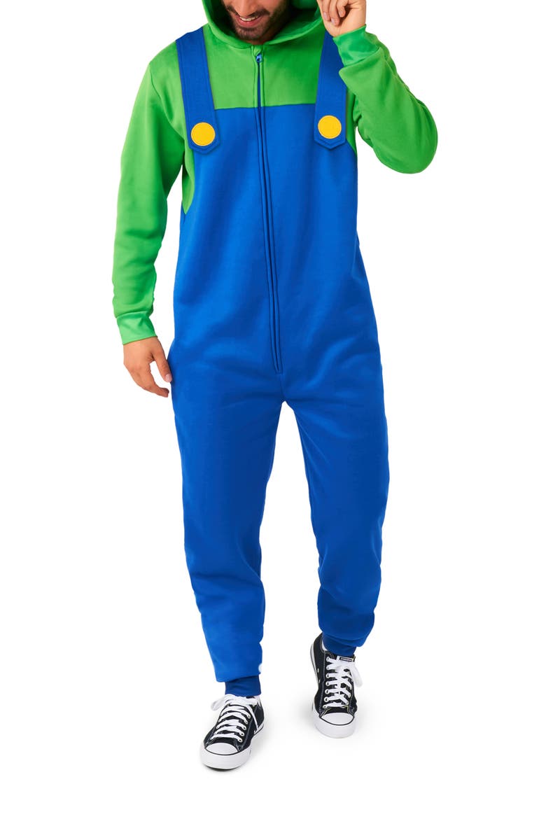 Super Mario™ Luigi Hooded Long Sleeve Fleece Jumpsuit, Main, color, BLUE