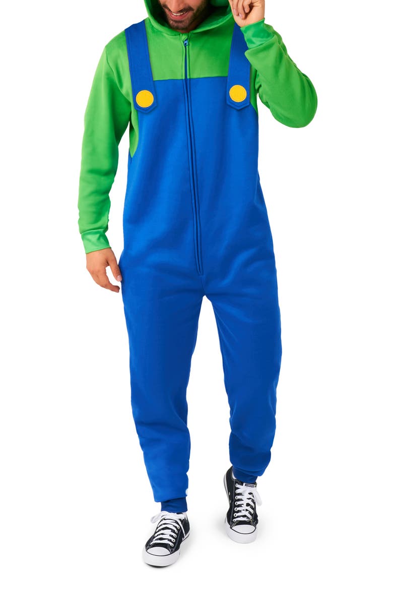 OppoSuits Super Mario<sup>™</sup> Luigi Hooded Long Sleeve Fleece Jumpsuit, Main, color, Blue