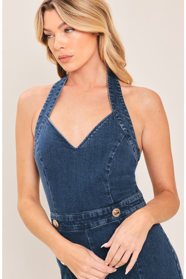 Halter Neck Wide Leg Denim Jumpsuit, Alternate, color, MEDIUM INDIGO
