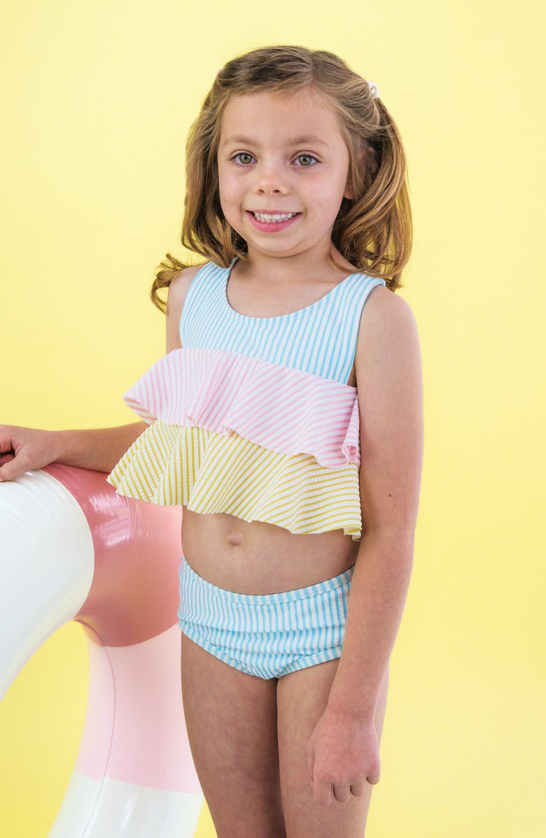 RuffleButts Kids' Seersucker Two-Piece Swimsuit, Alternate, color, Blue Multi