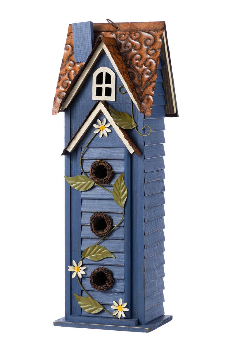 Glitzhome 24.25"H Oversized 3-Tiered Solid Wood Villa Decorative Outdoor Garden Birdhouse, Main, color, Blue