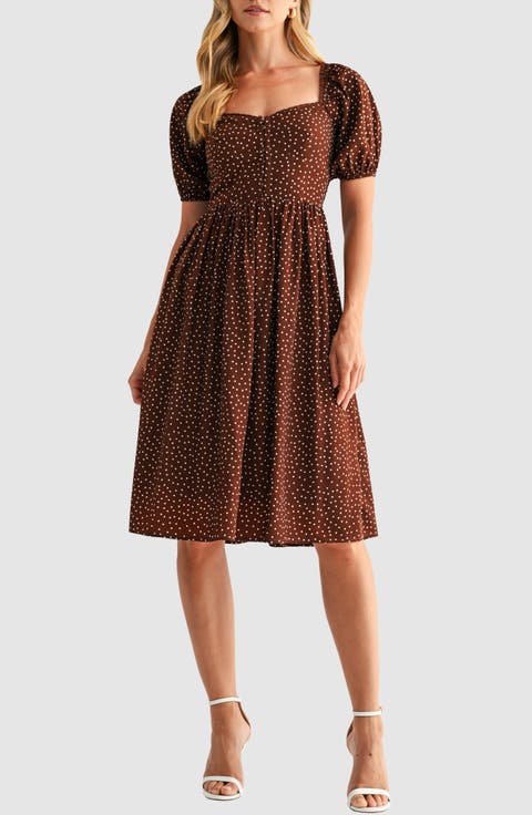 Puff Sleeve Lace Trim Midi Dress