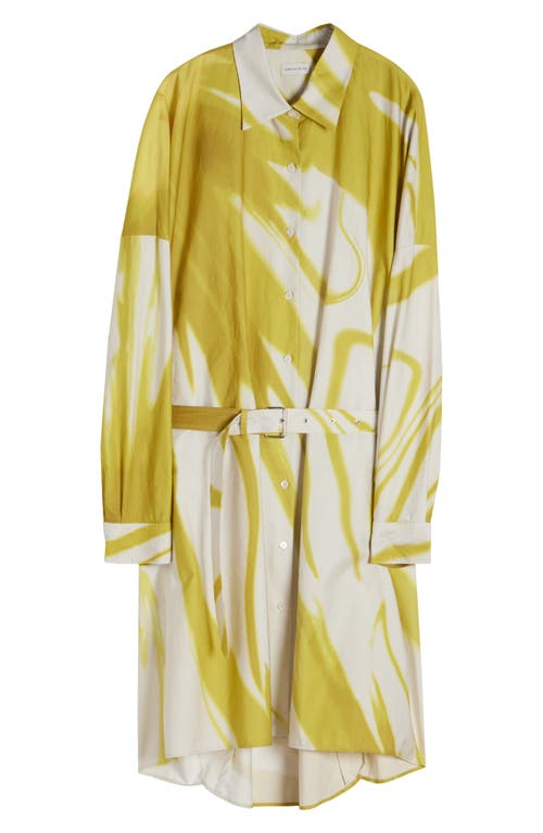Dries Van Noten Dindi Print Belted Long Sleeve Cotton Poplin Shirtdress In Lime