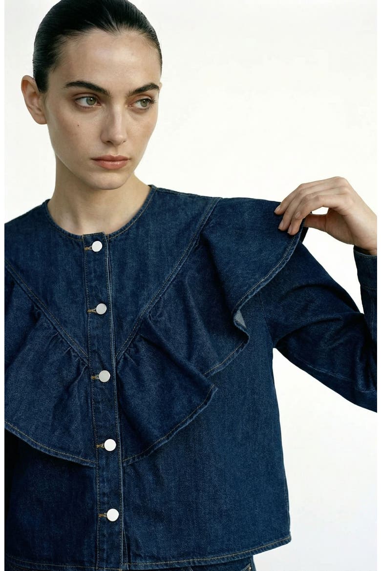 Fia Ruffle Placket Denim Button-Up Shirt, Alternate, color, MEDIUM BLUE DENIM