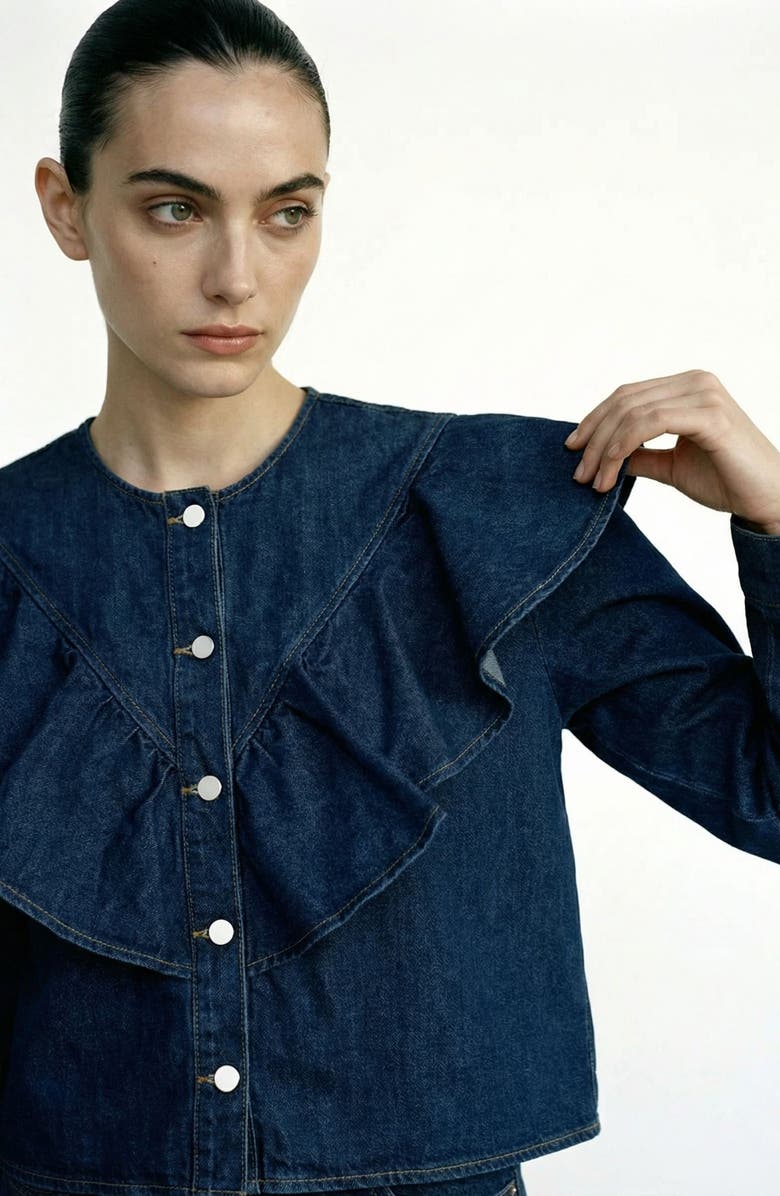 VERO MODA Fia Ruffle Placket Denim Button-Up Shirt, Alternate, color, Medium Blue Denim