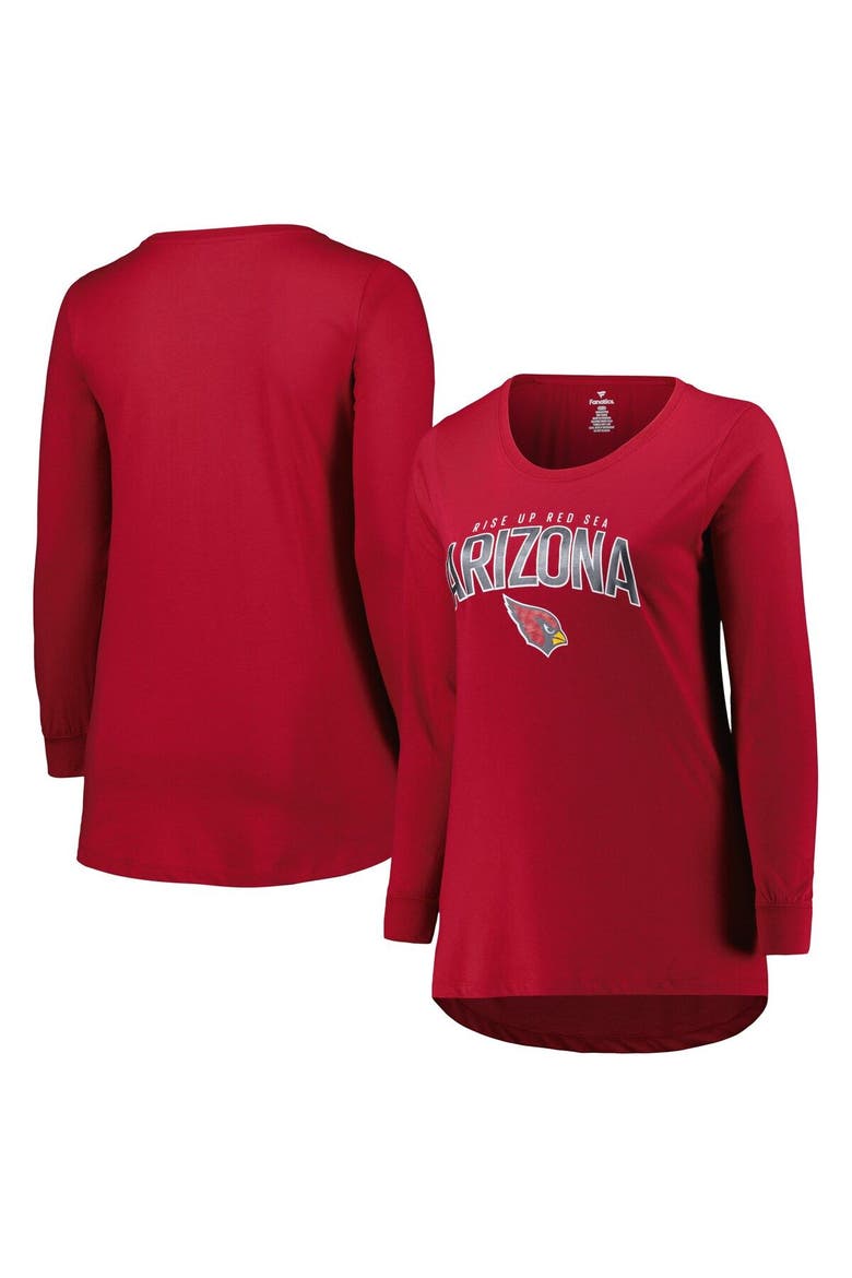 Women's Fanatics Branded Cardinal Arizona Cardinals Plus Size Measure Distance Scoop Neck Long Sleeve T-Shirt, Main, color, Cardinal