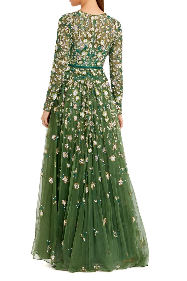 Petite Embellished High Neck Long Sleeve A-Line Gown, Alternate, color, Sage