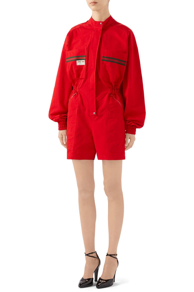 Logo Label Cotton Romper, Main, color, LIVE RED/ MULTICOLOR