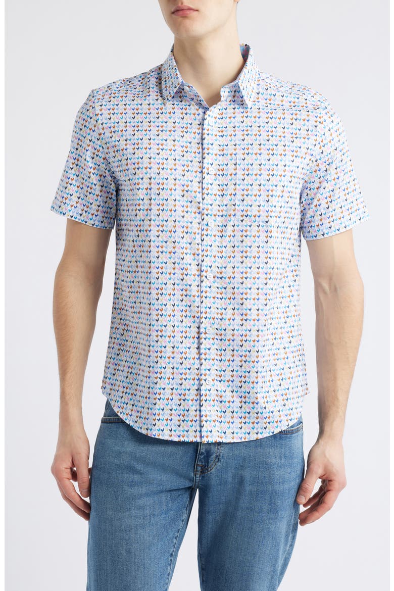 Rooster Print Short Sleeve Button-Up Shirt, Main, color, WHITE MULTI