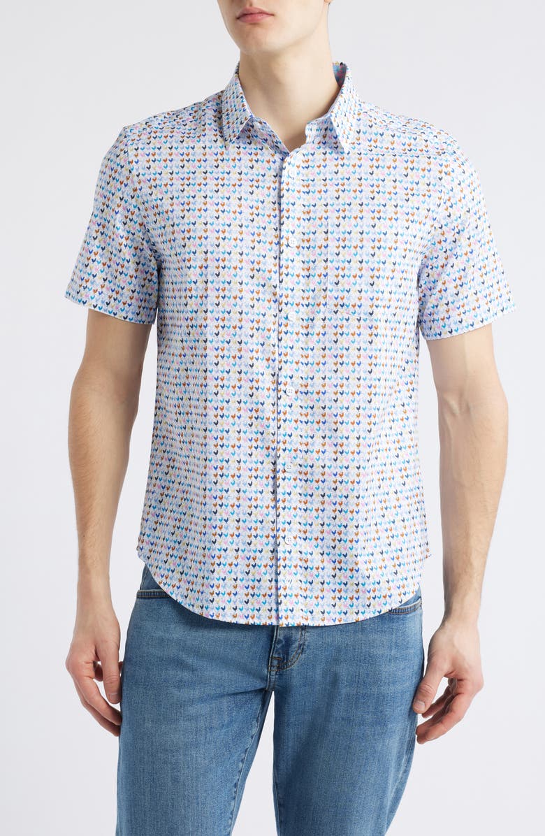 Johnston & Murphy Rooster Print Short Sleeve Button-Up Shirt, Main, color, White Multi