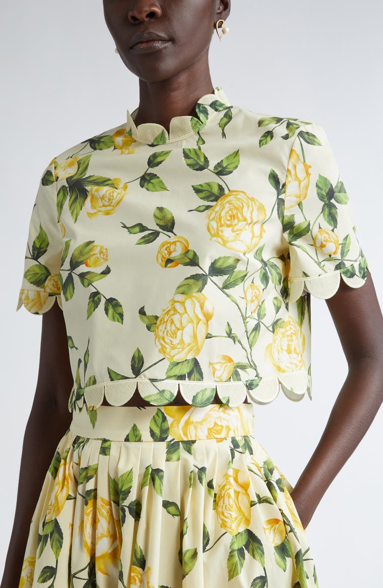 Oscar de la Renta English Rose Print Stretch Cotton Crop Top, Alternate, color, Yellow/ Soft Yellow