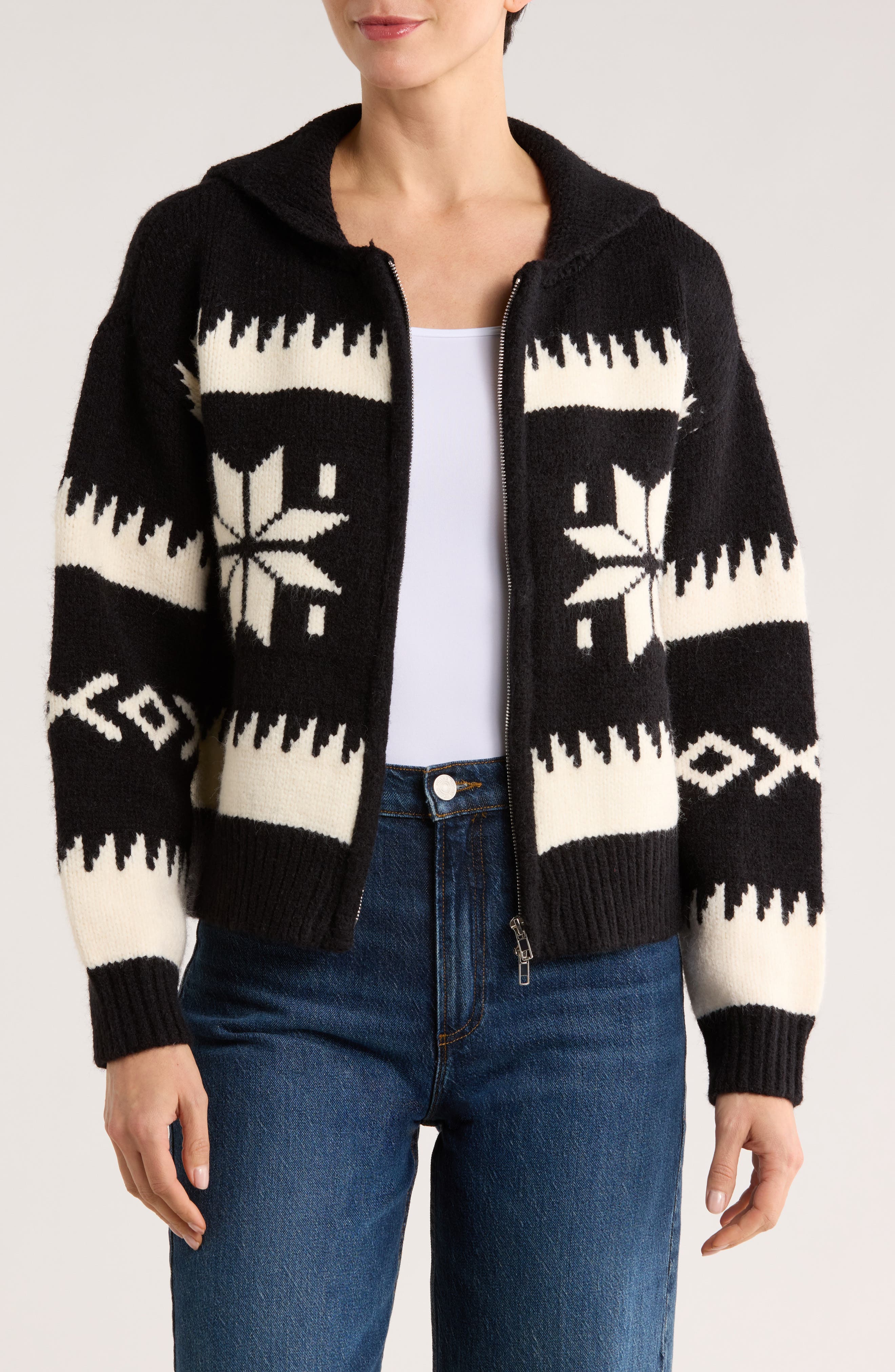 INTERNATIONAL DESIGNER Snowflake Zip-Up Cardigan