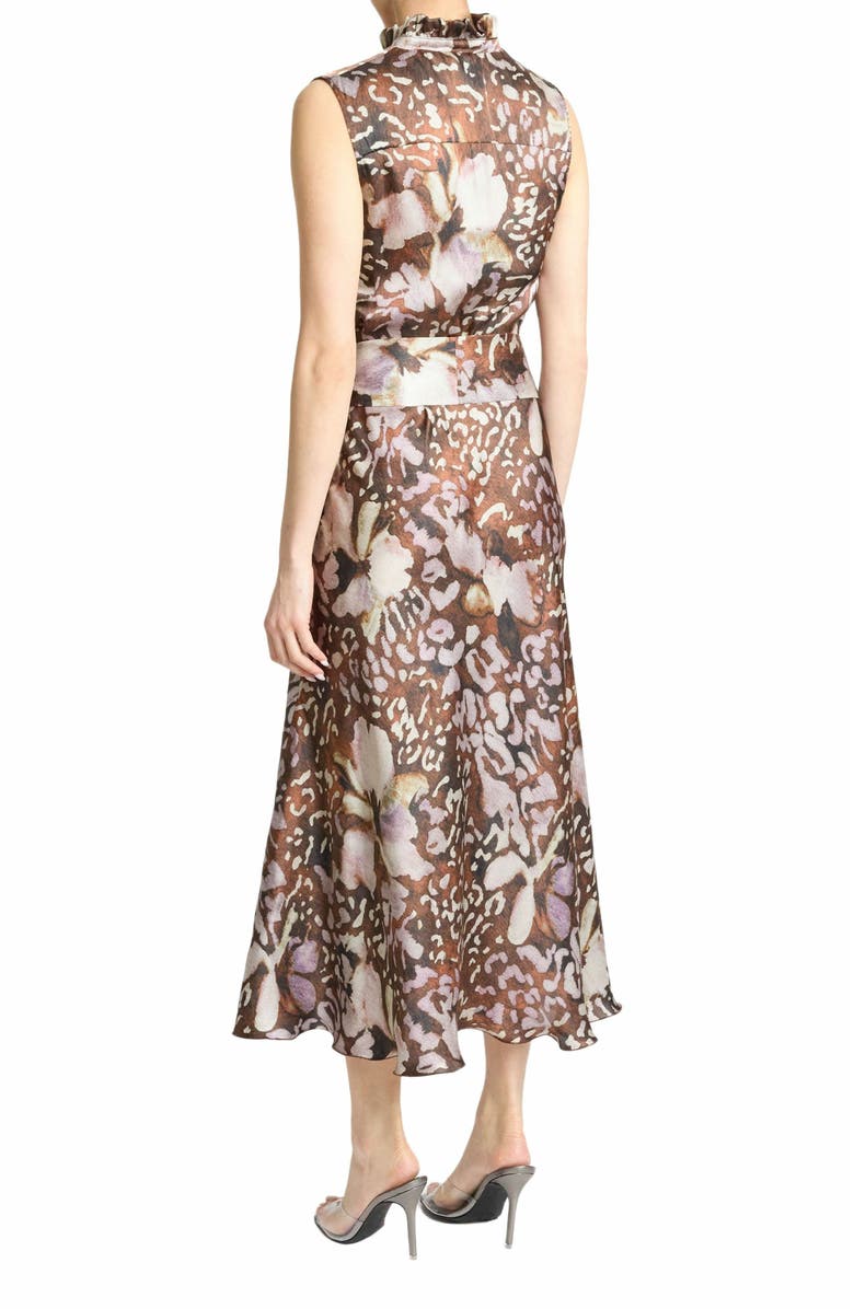 Santorelli Nirva Sleeveless Ruffle-Neck Midi Dress in Abstract Floral Silk, Alternate, color, 