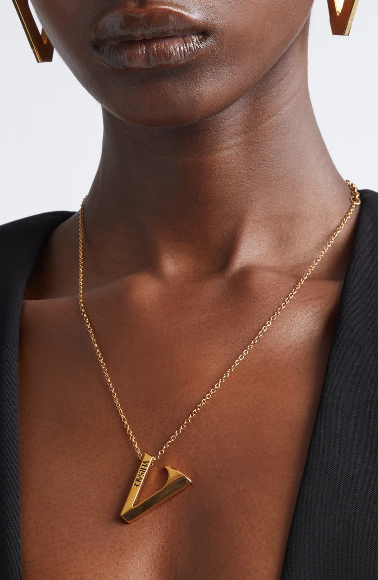 Versace Monogram Pendant Necklace, Alternate, color, Versace Gold