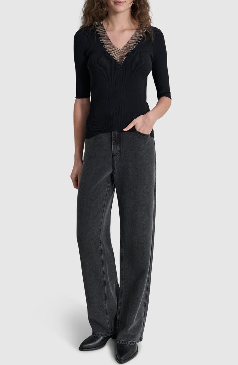 DKNY Crystal Embellished Elbow Sleeve V-Neck Sweater, Alternate, color, 