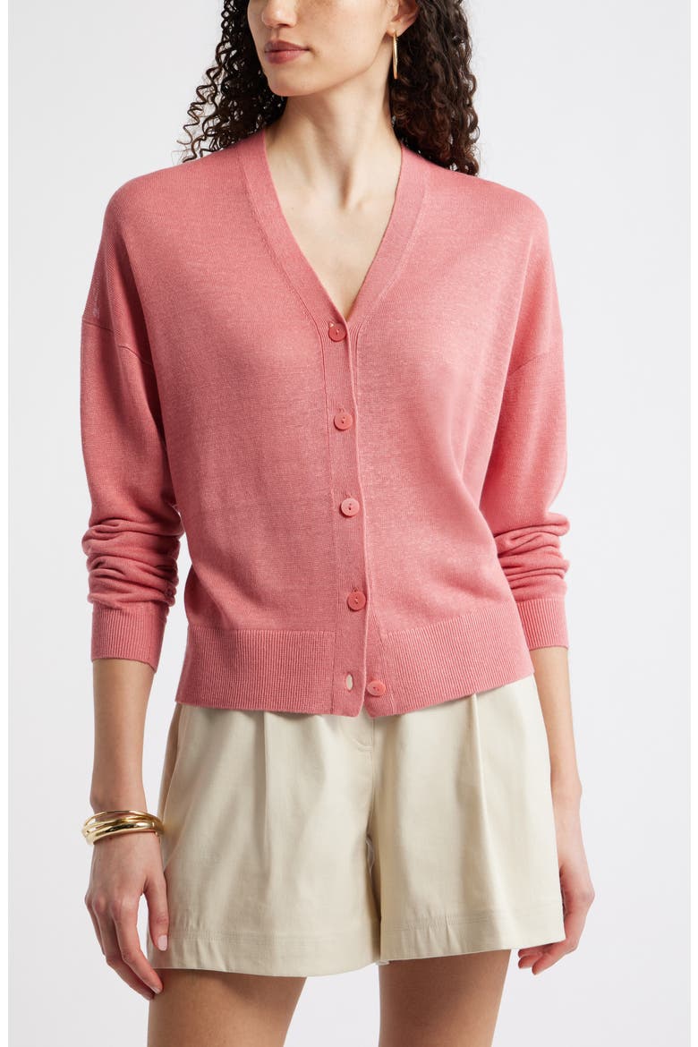 V-Neck Linen & Viscose Cardigan, Main, color, PINK CLAY