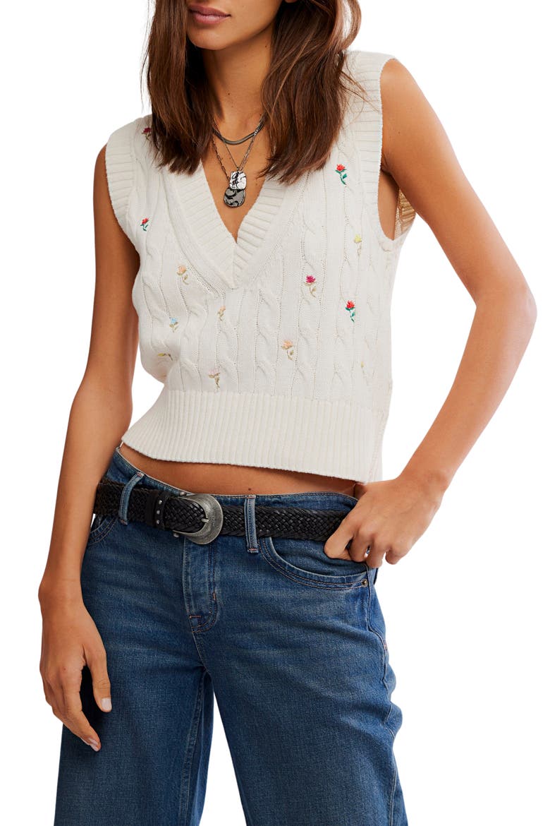 Plumeria Floral Embroidered Cable Stitch Vest, Main, color, IVORY COMBO