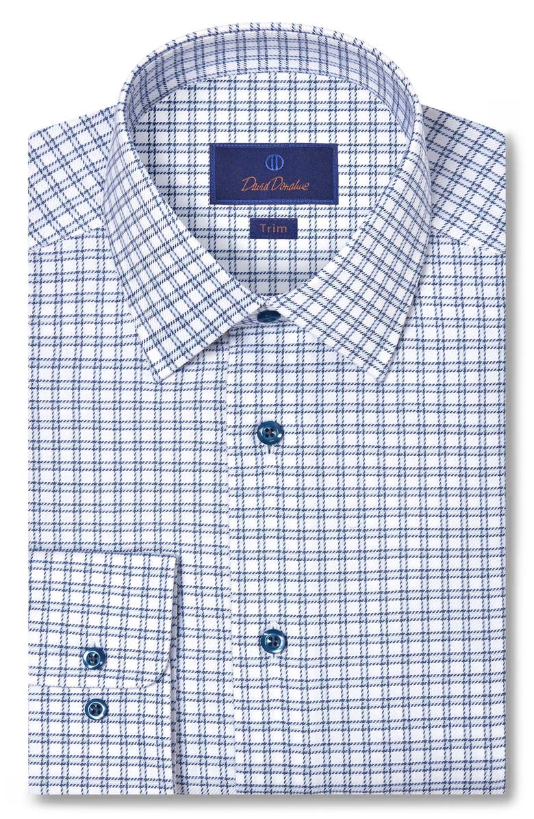 David Donahue Trim Fit Windowpane Check Cotton Dobby Dress Shirt, Main, color, White/ Blue