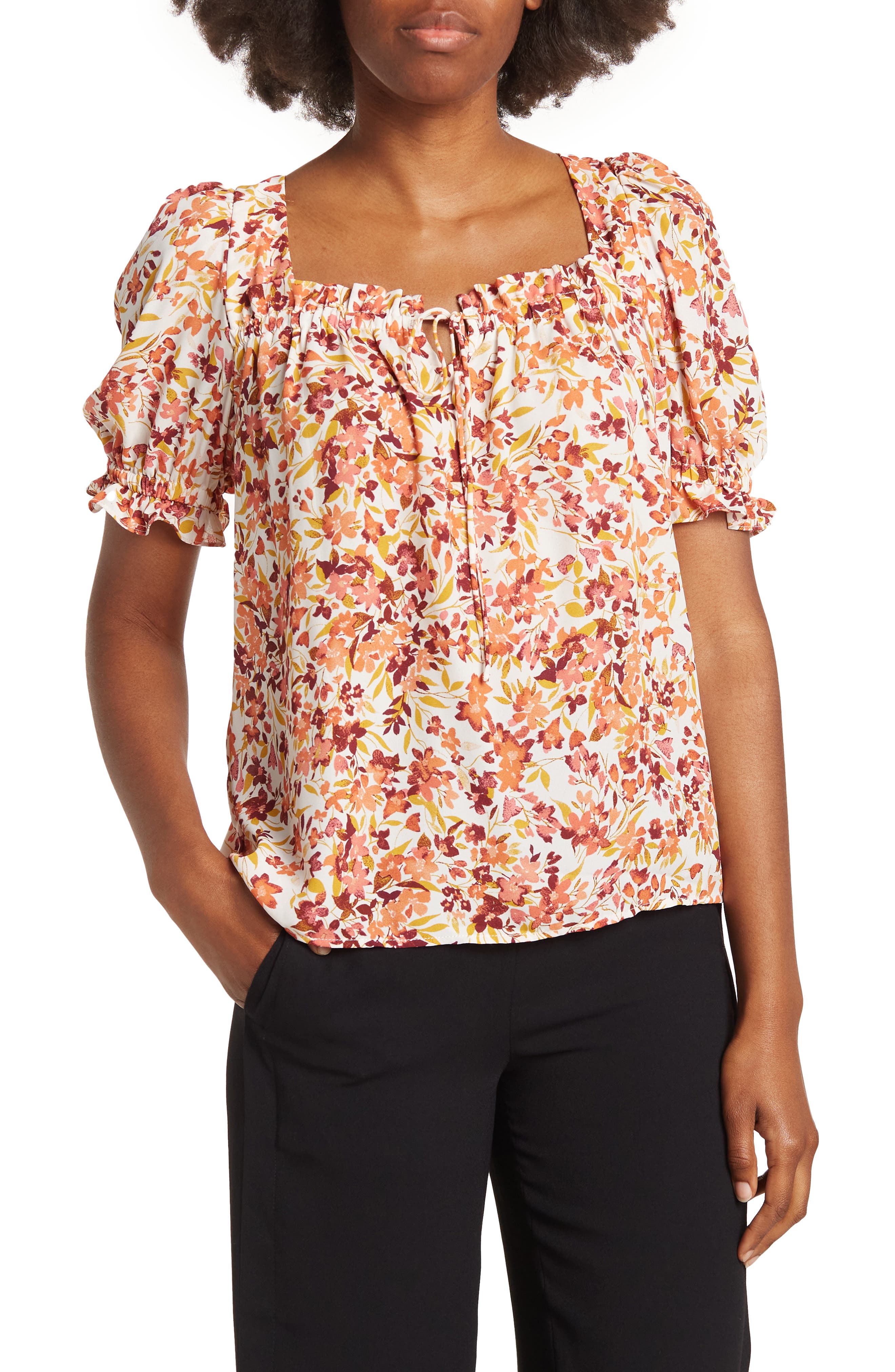 CeCe Floral Keyhole Short Sleeve Blouse (Women) | Nordstromrack
