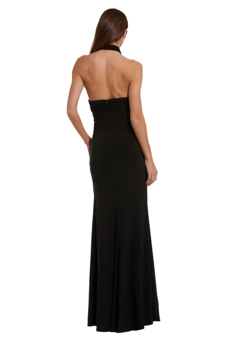 Mac Duggal Jersey Crossover Halter Neck Gown With 3D Flower, Alternate, color, Black Pink
