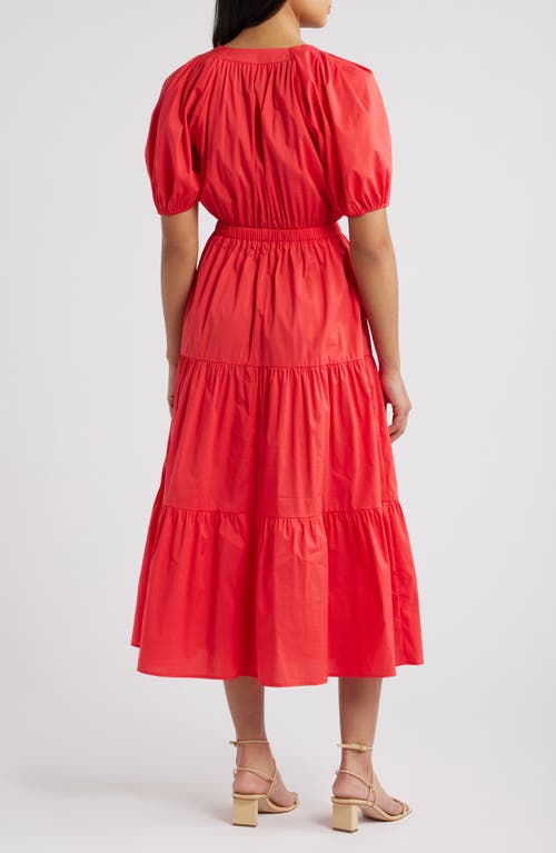 Anne Klein Tiered Puff Sleeve Midi Dress In Hibiscus Red