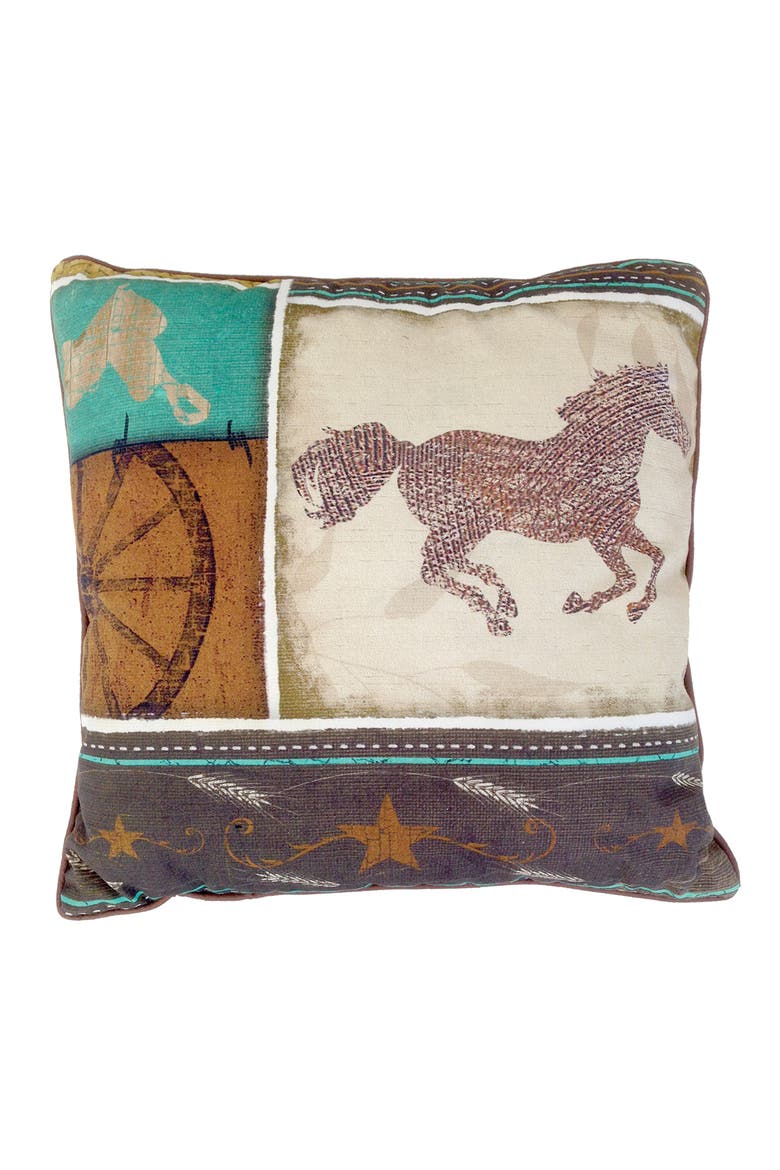 Horse, Wagon Wheel & Saddle Digital Print Accent Pillow 18" x 18" Western, Main, color, Brown