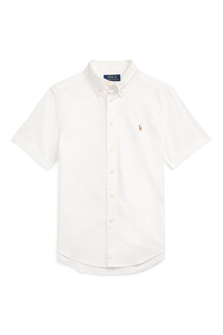 Short Sleeve Cotton Button-Down Oxford Shirt, Main, color, WHITE
