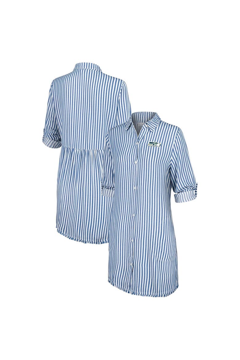 Women's Tommy Bahama Blue/White Seattle Seahawks Chambray Stripe Cover-Up Shirt Dress, Main, color, Blue