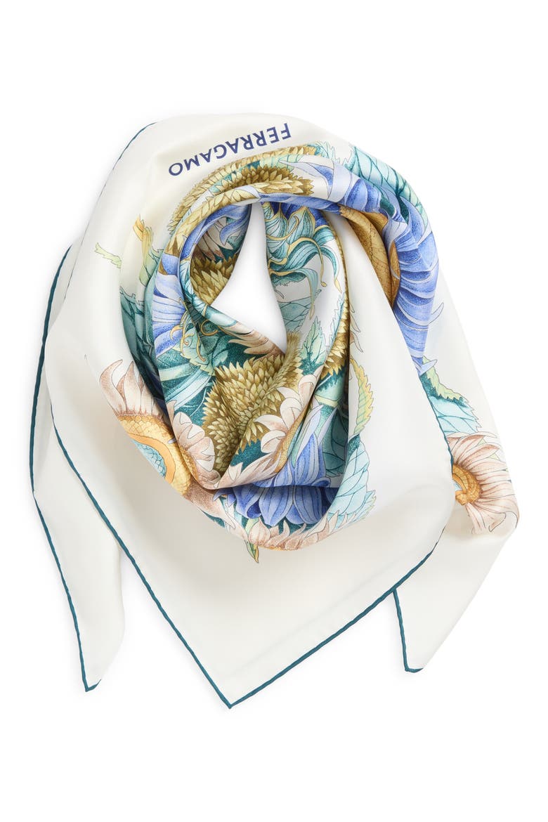 Sunflower Print Silk Square Scarf, Alternate, color, AVORIO/ ACQUA